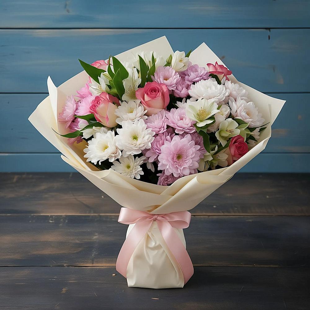 Букет цветов из: Хризантемы, Альстромерии и Розы в Воздвиженской